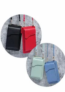Multiple colors of PU leather crossbody phone bags with gold zippers and fine texture