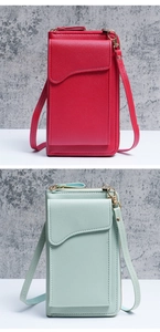 Close-up of small crossbody phone bags with wavy flap in red and light green leather