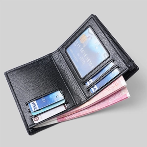 Vertical minimalist black litchi pattern PU leather bi-fold wallet for men with card slots