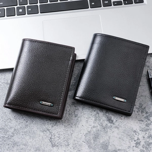 Vertical bi-fold PU leather men's wallet in black and dark brown with litchi texture