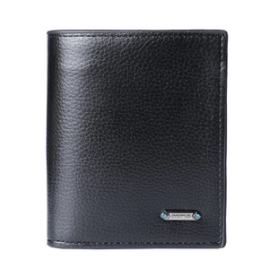 Vertical black PU leather men's wallet featuring litchi grain and a silver logo plaque