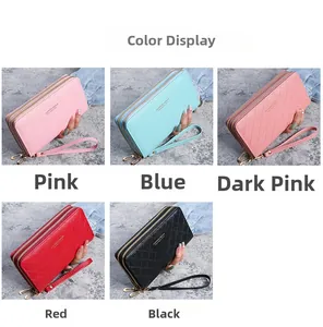 Detailed color display of double-zipper long wallets with elegant quilted diamond patterns
