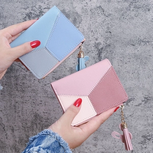 Minimalist bifold slim wallet for women featuring stylish color-block PU leather and tassel