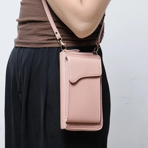 Pink minimalist PU leather crossbody cell phone purse for women with adjustable strap