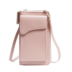 Minimalist crossbody phone bag for women in pink lychee pattern faux leather with gold hardware