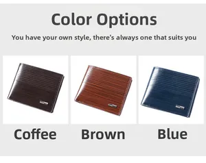 Short men's wallets in coffee, brown and blue colors with wood grain texture detail