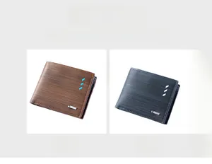 Detail view of bi-fold men's wallets in brown and blue with horizontal texture and stripes