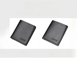 Close-up of men's bifold wallets in black and coffee litchi texture leather finish