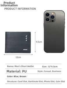 Detailed comparison of men's blue PU leather short wallet next to a smartphone