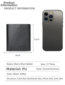 Close-up of litchi texture PU leather men's wallet next to phone for size scale