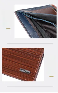 Detail of men's leather wallet featuring wood-grain texture and metal hardware accents