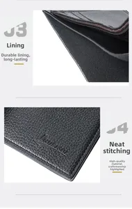 Detailed close-up of premium lychee grain texture and neat stitching on black men's wallet