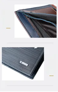 Detail view of bi-color men wallet with card slots, zipper compartment and silver metal trim
