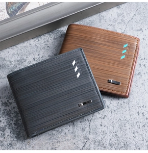Short horizontal bi-fold men's wallets in grey and brown with textured brushed finish