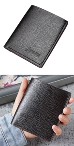 Close-up of a brown leather wallet for men featuring textured lychee grain and brand logo