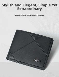 Close-up of black men's wallet featuring geometric stitching and silver metal buckle