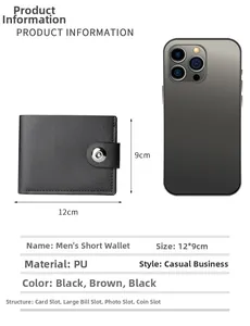 Men's bifold PU leather wallet size comparison with iPhone and detailed dimensions