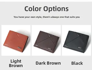 Short tri-fold men's wallets in black, dark brown, and tan with geometric stitching and metal logo