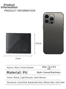 Detailed view of black PU leather wallet with dimensions 12x9.5cm and geometric stitching