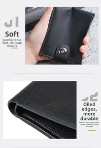 Close-up of soft black litchi pattern leather wallet with snap closure and durable edge oil