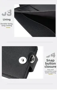 Detail of black leather wallet showing button closure and multi-card slot lining