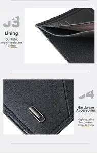 Close-up of durable fabric lining and silver metal buckle on textured black leather wallet