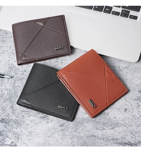 Three men's short trifold wallets in brown and black leather with geometric stitching