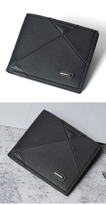 Close-up of black bifold wallet featuring geometric embossed leather and metal logo detail