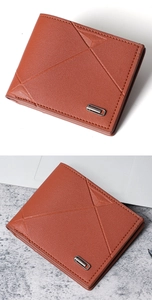 Detailed view of brown PU leather men's wallet with cross stitching and metal trim