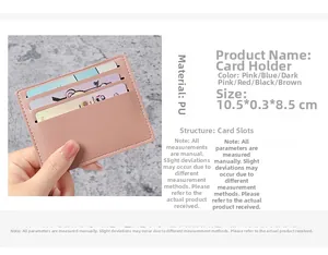 Slim pink PU leather card holder showing multi-slot structure and 10.5x8.5cm dimensions