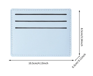 Detail showing dimensions of slim light blue leather card holder with three slots