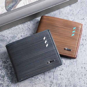 Men's Short Bi-fold Wallet PU Leather Horizontal Grain Business Casual Card Holder With Zipper Coin Pocket Blue Brown