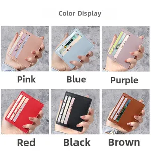 Detailed grid view of slim PU leather card holders in pink, blue, purple, red, black, and brown