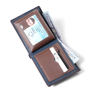 Men's bifold wallet with multi-card slots and coin pocket in brown and navy leather