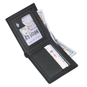 Men's black lychee pattern bifold wallet with multi-card slots and ID window