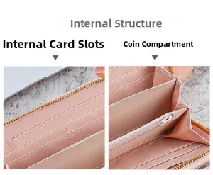 Intérieur du portefeuille long rose en cuir avec fentes pour cartes et poche zippée