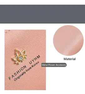 Détail du portefeuille en cuir rose avec breloque fleur dorée et strass étincelants