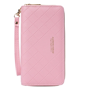 Pink quilted faux leather long wallet with double zipper and wristlet strap