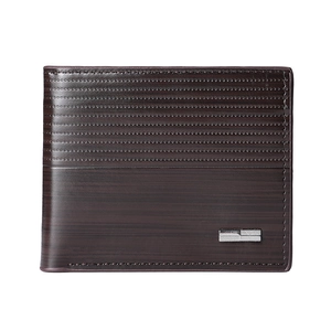 Classic men's short bifold wallet in dark brown with textured finish and metal accent
