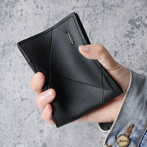 Men's slim leather tri-fold wallet with geometric stitching and metal bar detail