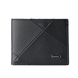 Men's black lychee texture leather wallet with geometric stitching and metal trim