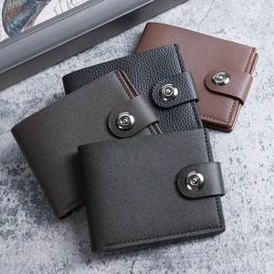 Mens short leather bifold wallets in multiple colors with secure metal snap button closure