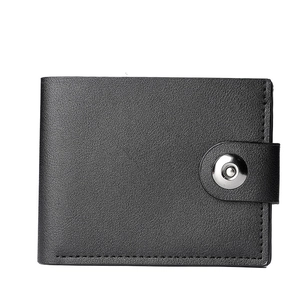 Classic black leather bi-fold men's short wallet with silver metal snap buckle closure