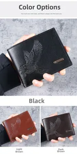 Close-up of eagle pattern embossing and metal logo on men's leather fold wallet