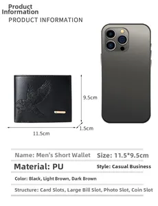 Short men's bi-fold wallet in black PU leather with eagle pattern and dimensions
