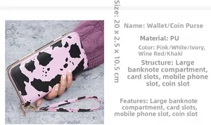 Detail view of pink cow print long wallet showing internal slots and 20x2.5x10.5cm size