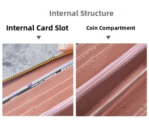 Detail view of pink long wallet showing internal card slots and zippered coin compartment