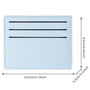 Slim light blue minimalist card holder with three card slots and detailed dimensions