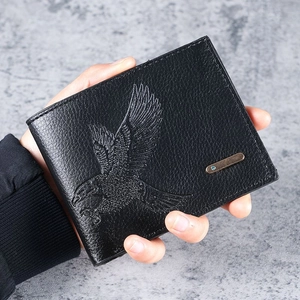 Men's Bifold Wallet PU Leather Lychee Pattern Eagle Embossed Short Card Holder Business Casual Metal Plate Purse