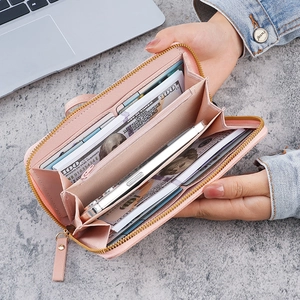 Portefeuille long rose pour femme avec fermeture éclair et fentes pour smartphone